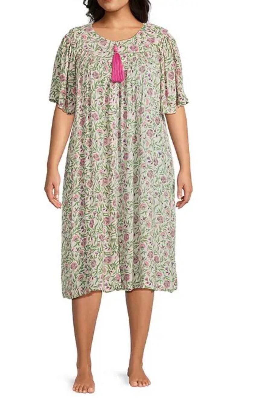 Go Softly Floral Print V-Neck Lightweight Zip-Front Crinkle Patio Dress-Size M